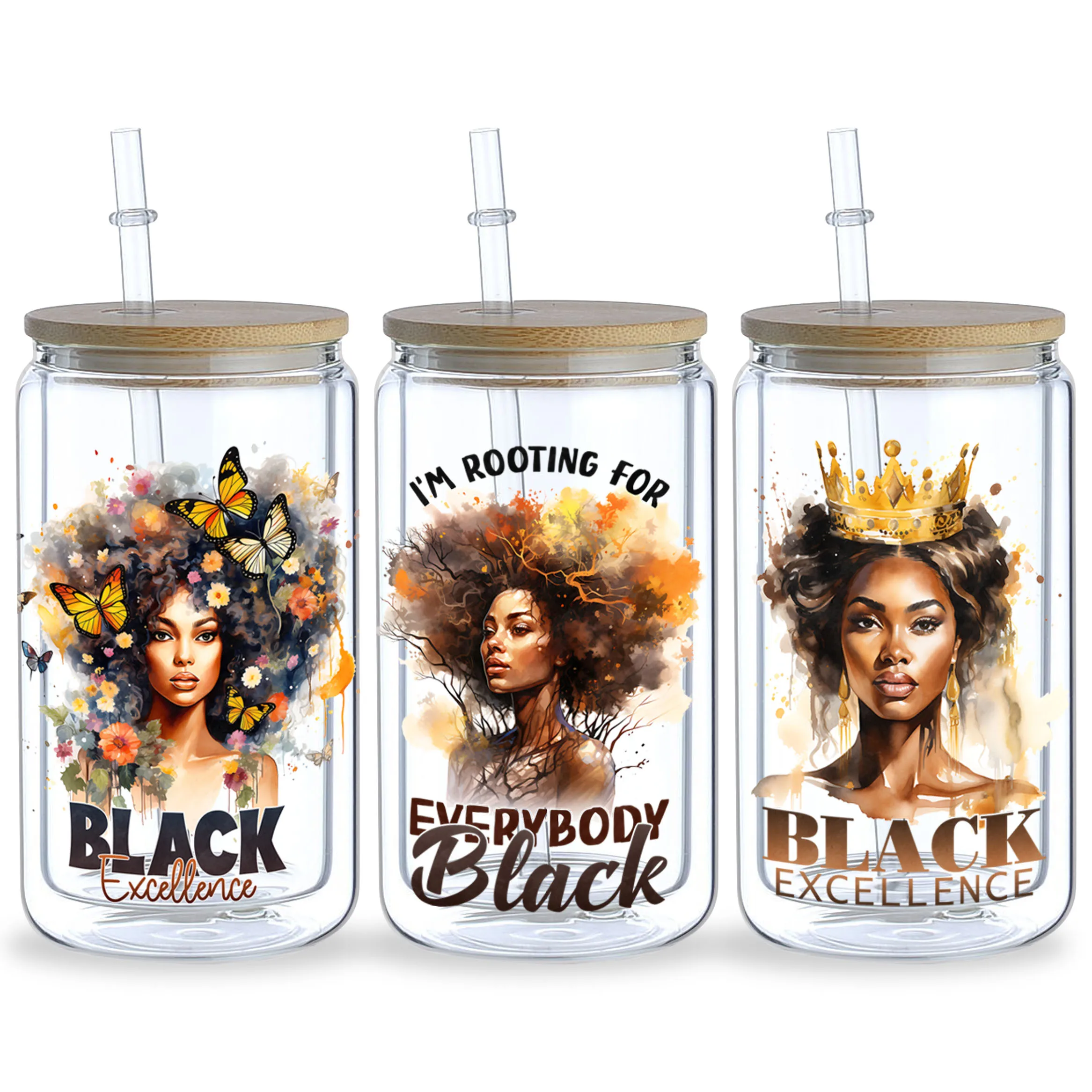 5 Sheets Black Queen UV DTF Cup Stickers, Glass DTF Transfer Stickers, Waterproof Wipe Transfer Paper for 16 oz Glass, Mugs