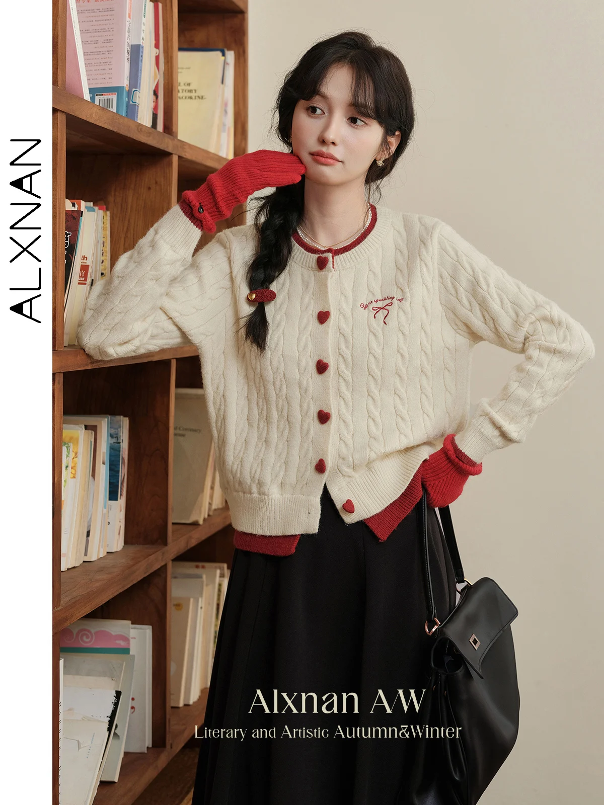 ALXNAN Women's Sweet Fake 2 Piece Cardigans Trendy Bow Embroidery O-neck Heart Button 2024 Fall Winter Loose Sweater DYL661356SY