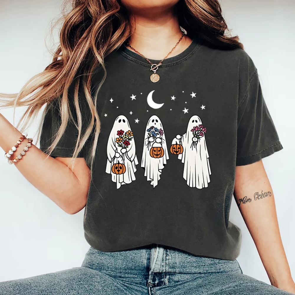 

Vintage Halloween Ghost T-Shirt Floral Spooky Pumpkin Tee Casual Short Sleeve Women Halloween Shirt Spooky Season Graphic Tees