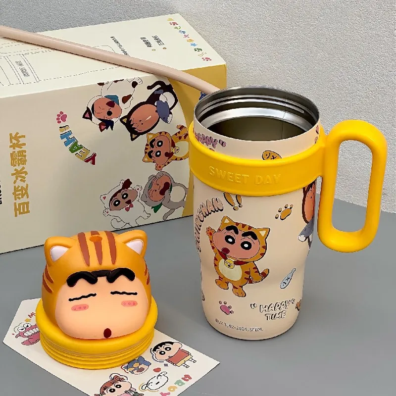 Crayon Shin-Chan Cartoon Handle Water Bottle 316 Stainless Steel Thermos Large Capacity Straw Cup Tabletop Bottle Children Gift