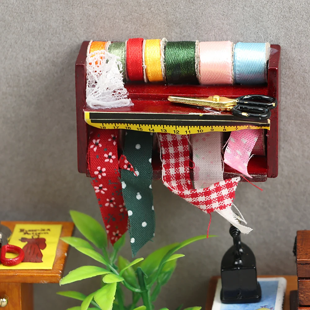 1/12 인형 집 미니어처 바느질 도구 상자 미니 천 가위 눈금자 모델 장난감 인형 집 액세서리 장식 ob11 bjd