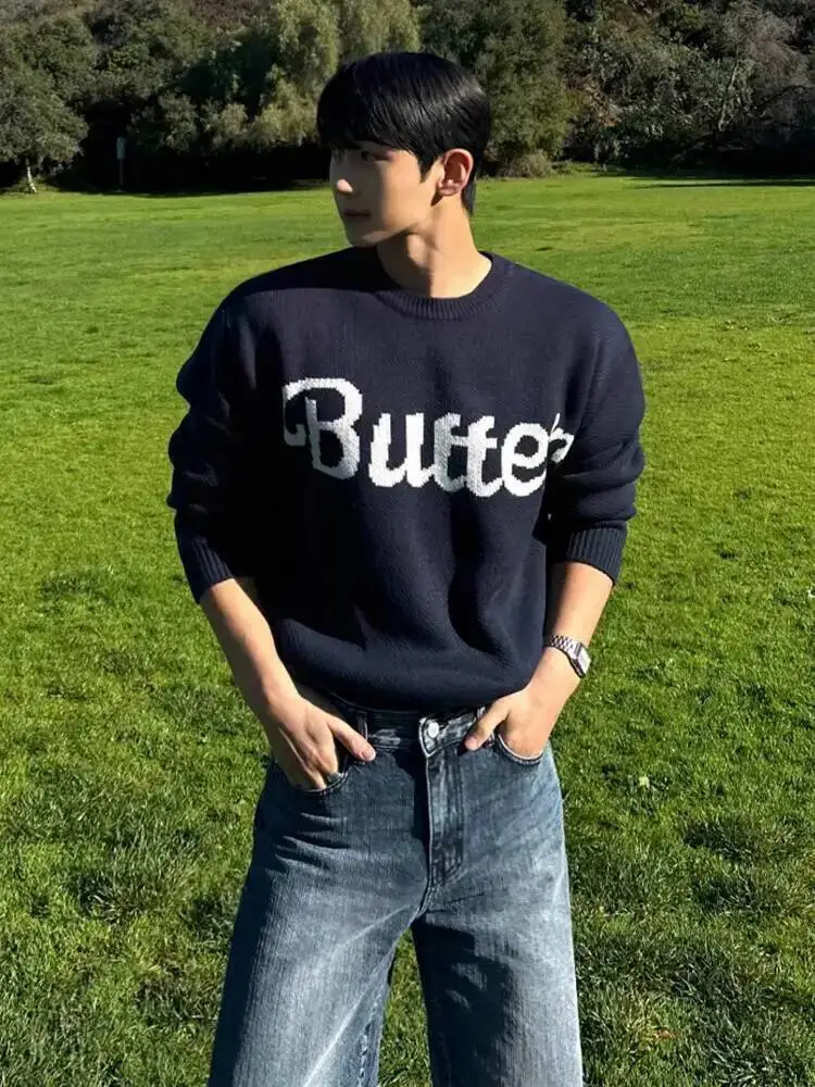 

New Simple Men's Sweaters Round Collar Letter Print Casual Knitted Loose Clothing Korean Pullover Male Tops 2025 Winter