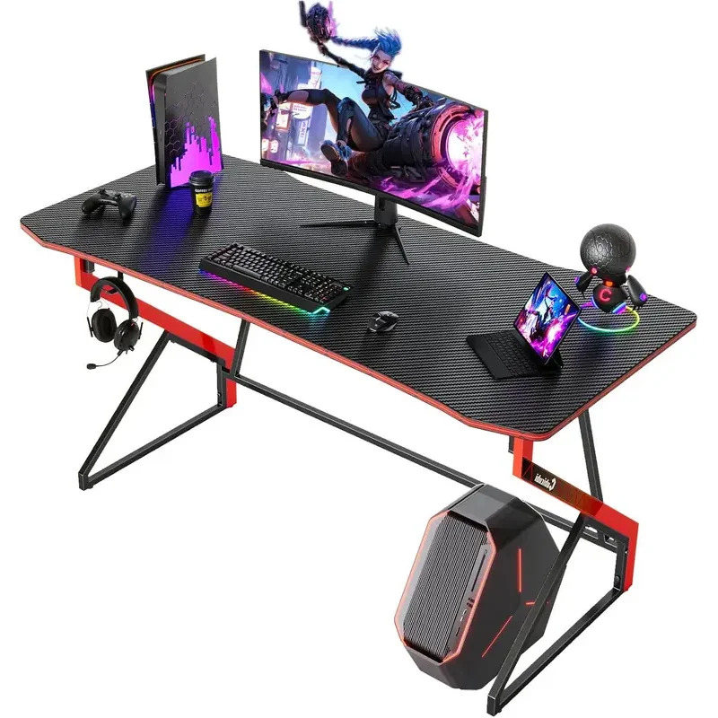 CubiCubi Simple Gaming Desk Z Shaped 55 inch Gamer Workstation, Home Computer Carbon Fiber Surface Gaming Desk PC Table with