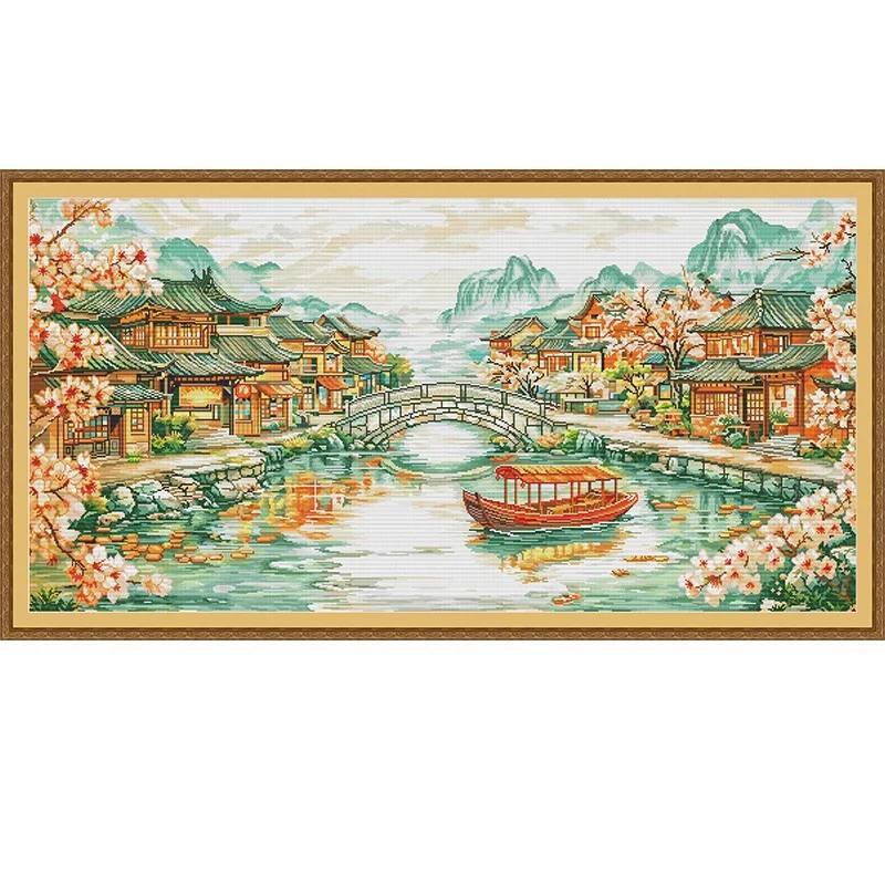 

ZZ6083 Jiangnan Scenery 11CT 14CT 16CT Print On Canvas Cross Stitch DIY Set Kit Needlework Embroidery 92 Colors