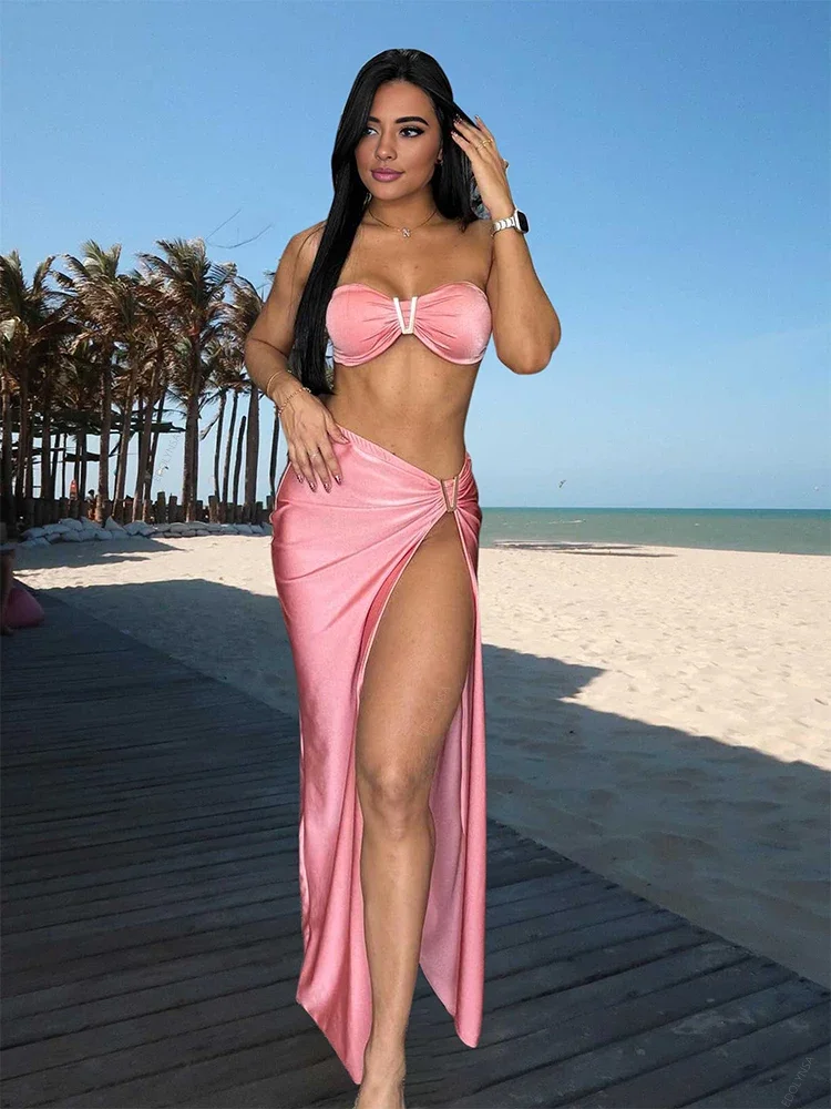 

Pink Bikinis 3 Piece Swimsuit Women Cute Bandeau Bathing Suit 2025 Sexy High Cut Swimwear with Skirt Cover ups Beachwear S192