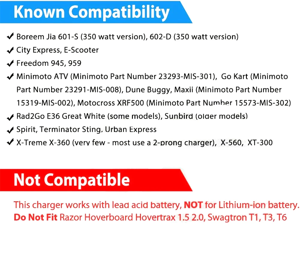 36V 2A Battery Charger for Razor Mini Pocket, Boreem Jia 601-S 602-D, Minimoto Maxii ATV, Go Kart, Dune Buggy, Motocross XRF500,
