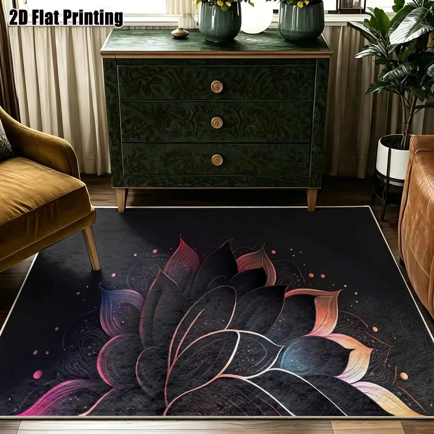 1Pc 2D Printed Velvet Carpet, Black Gradient Floral Pattern, Nordic/Instagram/Modern Minimalist/European/Bohemian Style, Multi-Size, Machine Washable, for Home Decor & Multi-Scene Use