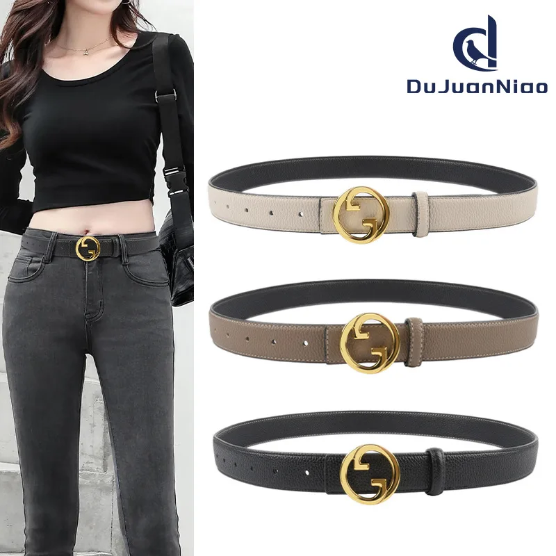 

New design G-button top layer cowhide leather women's belt versatile dress with high-end decoration available on both sides