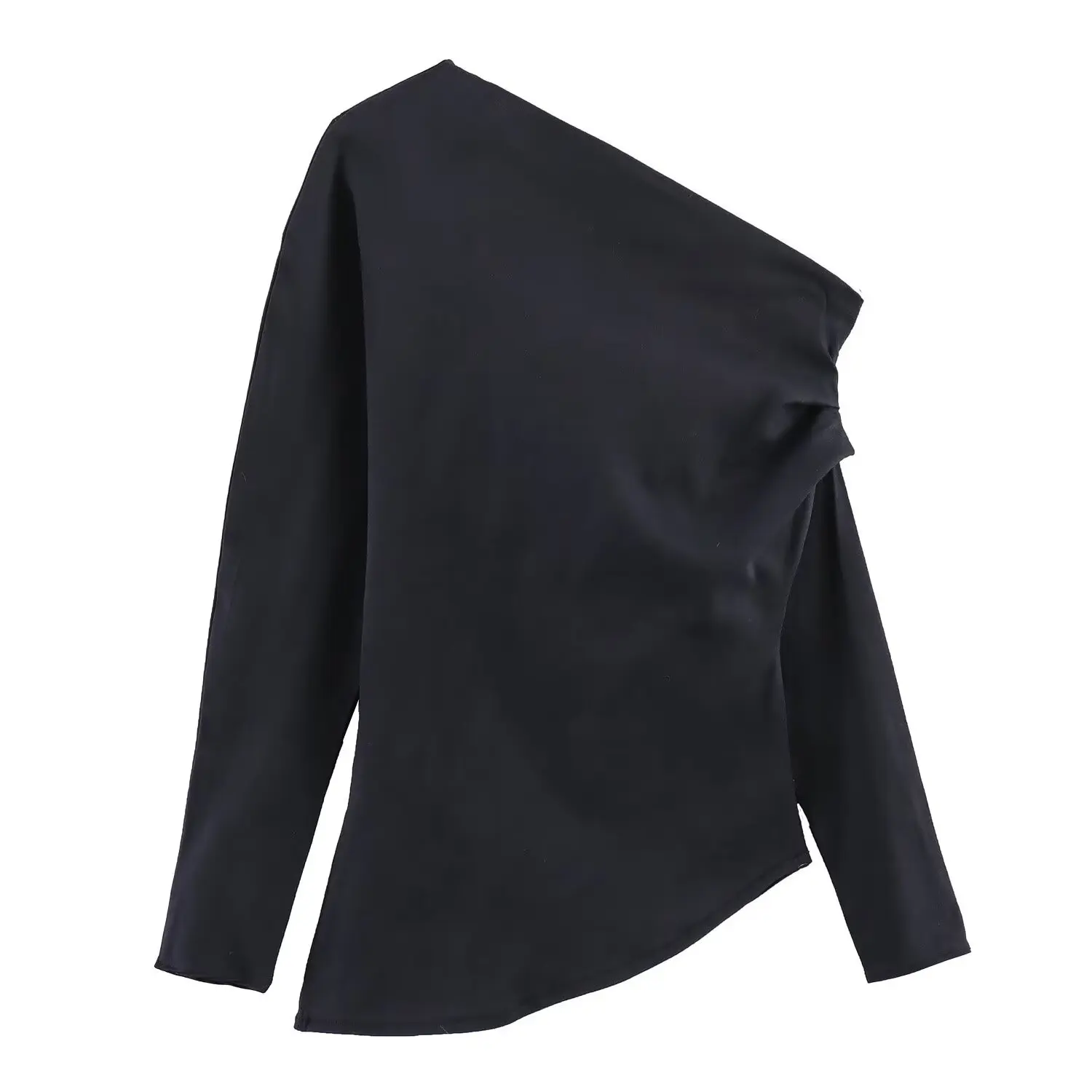 Herfst En Winter Schuine Schouder Asymmetrisch Ontwerp, Geplooid Slim Fit Shirt Voor Vrouwen