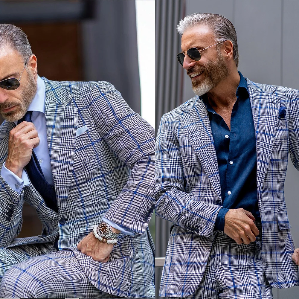 Business Plaid Checks Suits Men 2 Pieces Sets Single Breasted Prom Blazers Customized Man Banquet Business Party Groom Tuxedos