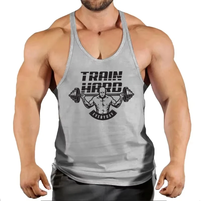 2025 Men's Gym Stringer Vest - Train Hard Print, Breathable Cotton, Y - Back Design, Ideal for Daily Bodybuilding Workouts