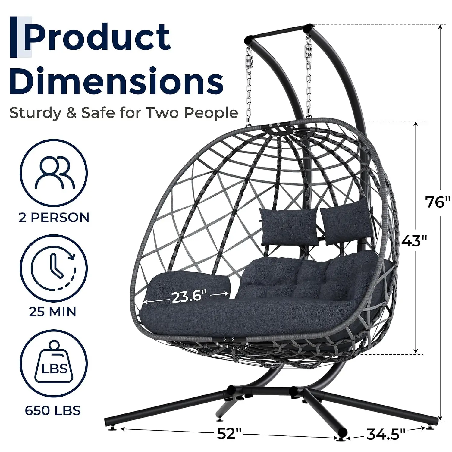 Outdoor Double Hanging Egg Swing Chair with Stand & Cushion, Grey, Customized