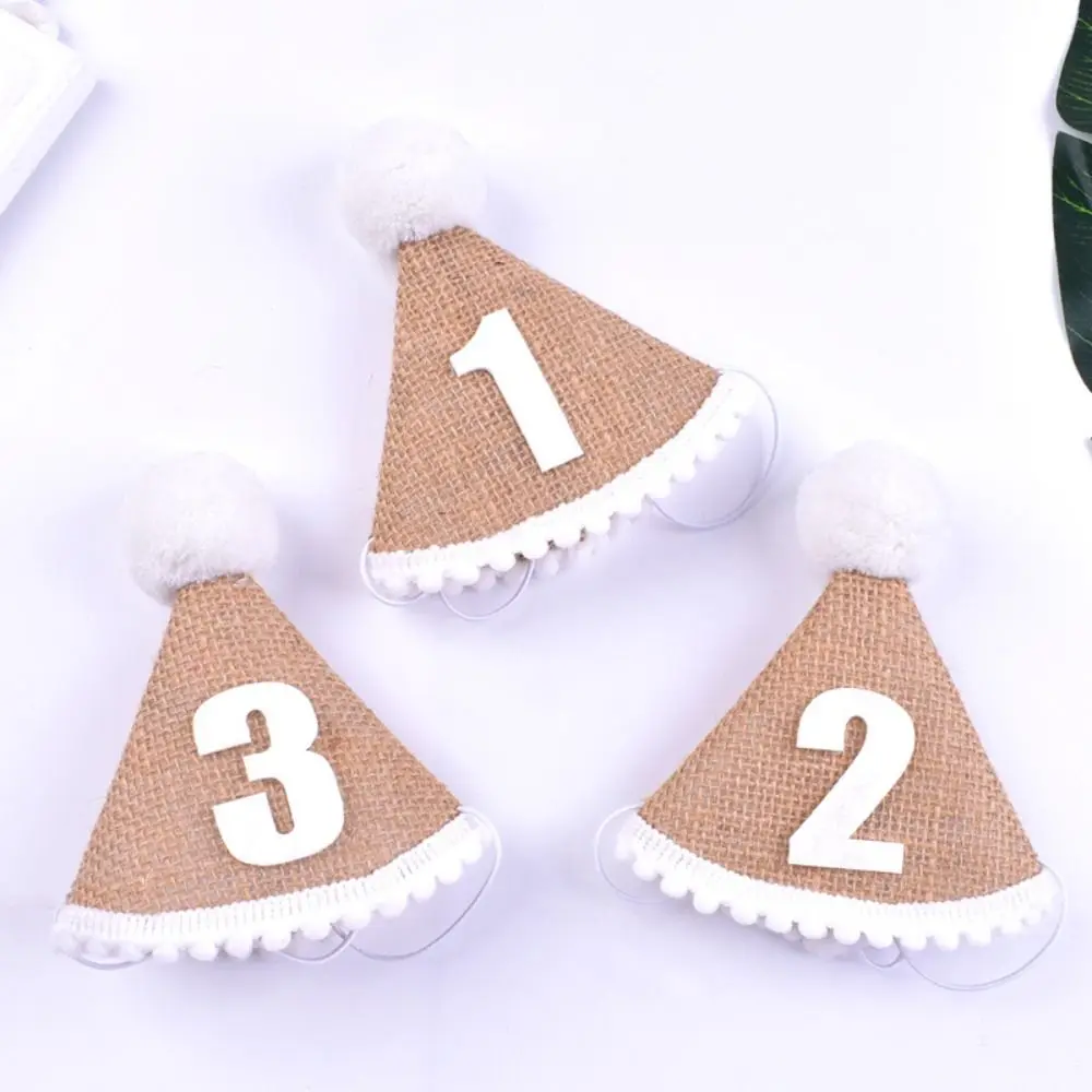 5pcs Creative 1 2 3 Year Burlap Birthday Hat Festival Handmade Cone Hats Cute Linen Baby Hat Birthday Party Supplies