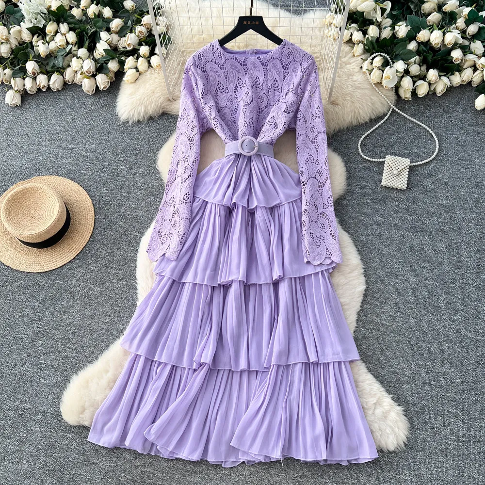 Renda manga longa a linha vestido feminino 2026 primavera nova cintura-cinch babados em camadas vestidos estilo francês vestido temperamento