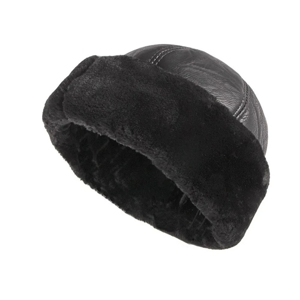 

Warm Thick Winter Hat Fur Leather Black Windproof Snow Ski Cap Fleece Lined Russian Hats Winter