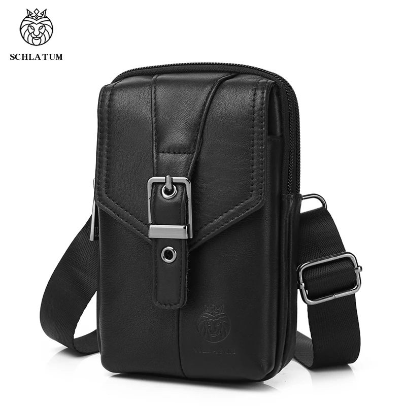 SCHLATUM Genuine Leather Waist Bag Casual Retro Multifunctional Travel Cell Phone Pouch Bag Small Shoulder Bag