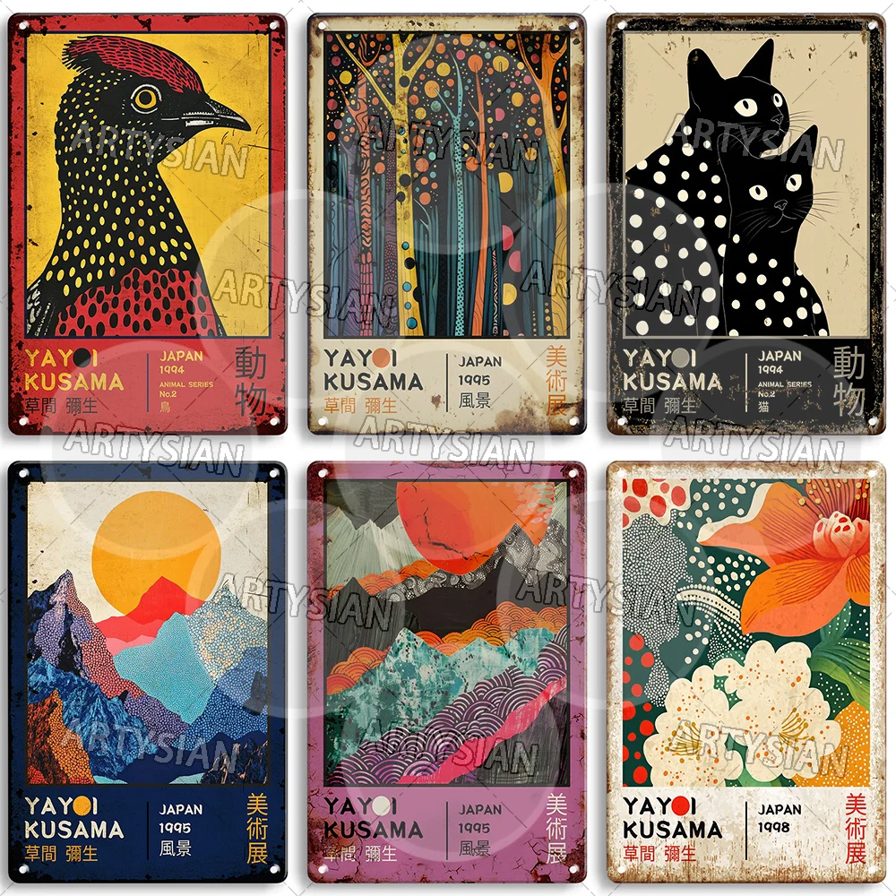 Yayoi Kusama Vintage Tin Sign Japanese Exhibition Art Poster Retro Metal Plaque Animal Cat Bird Landscape Wall Decor for Home