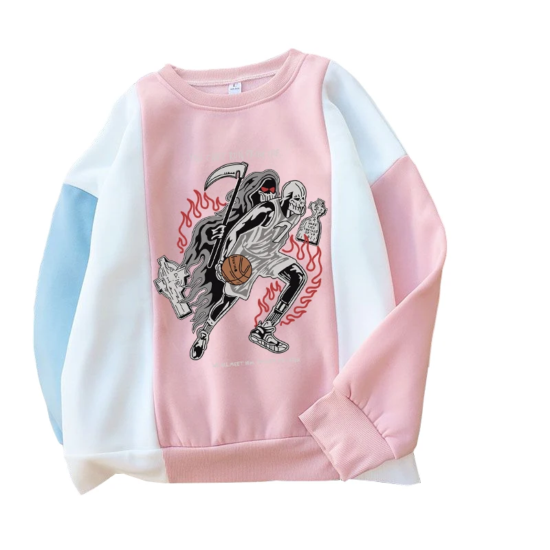 

Female Clothing y2k Sweatshirt Autumn Winter Fleece Spell Color Stitching Skeleton Printed Grunge Harajuku Hoodie Women Pullover