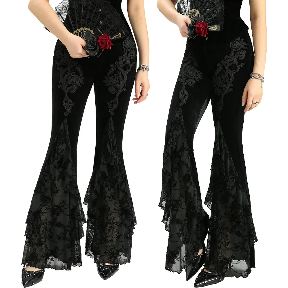 Nuovo gotico applique fiore farfalla floccaggio volant velluto pantaloni svasati nero elastico in vita metà fondo pantaloni da donna Mujer