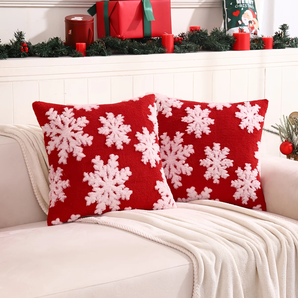 1pcs Plush Jacquard Snowflake Christmas Throw Pillow Covers, Decorative Pillowcase for Home, Room, Bedroom, Living Room, Car