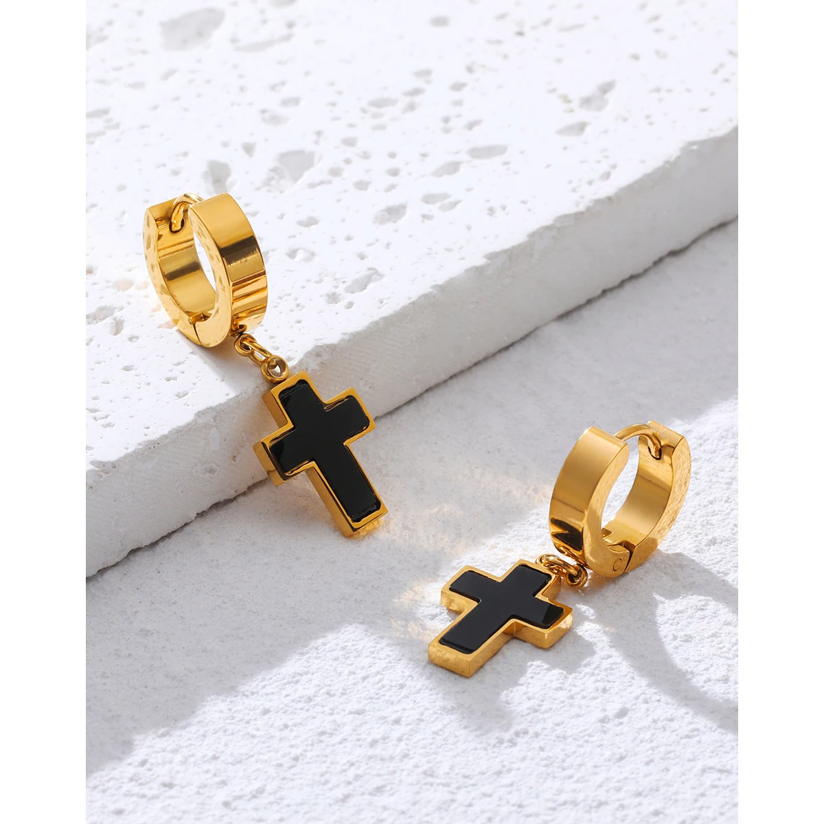 YACHAN Classic Cross Stainless Steel Drop Earrings for Women Black Acrylic Charm Huggie Earring Faith Jewelry Waterproof