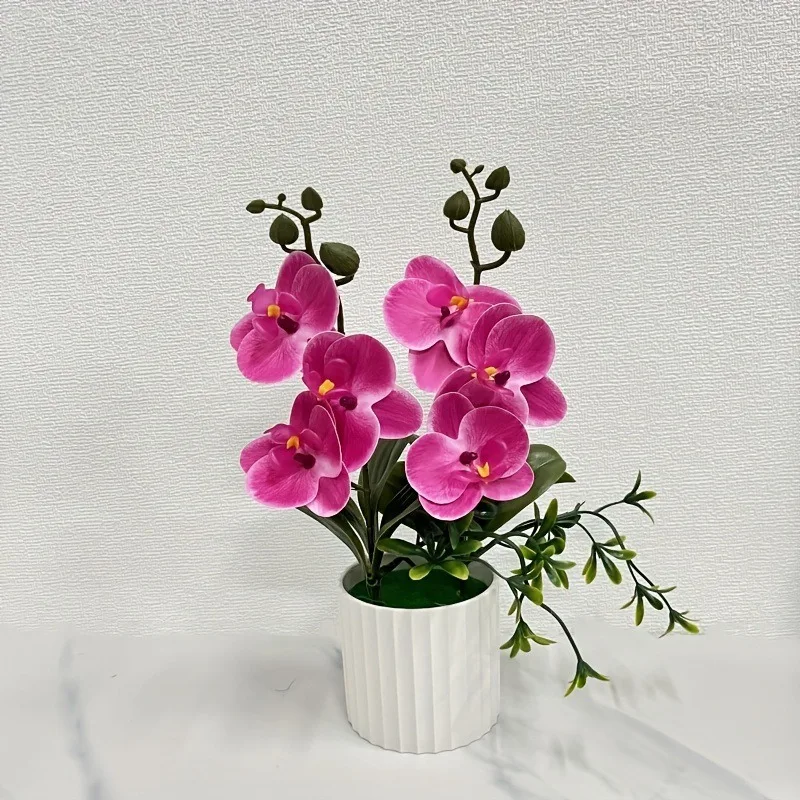 Künstlicher Orchideen-Schmetterlings-Doppelbündel mit 6-Blüten, Topfpflanzenfolie, realistisches Grün, Szenen-Setup für die Innenfotografie – Detail 9