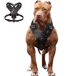 Genuine Leather Dog Harness Durable Large Dogs Harnesses Riveted Pet Training Vest With Metal Accessories For Medium Large Dogs