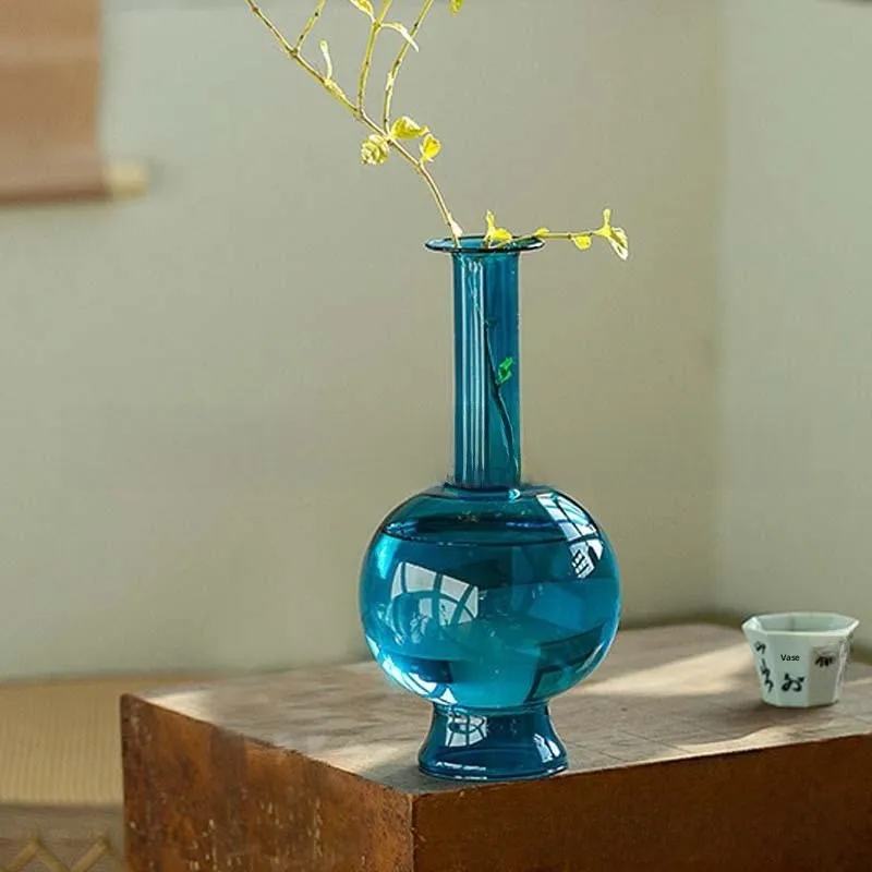 

Mystical Peacock Blue Frosted Glass Flower Vase Japanese Style Home Decor Tabletop Decoration Small Flower Pot Artistic Wares