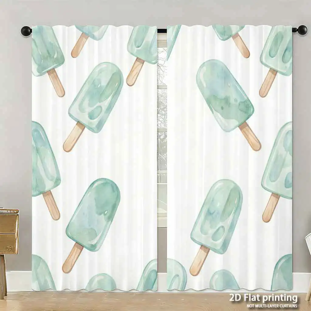 Watercolor Popsicle Curtain, Mint Green Ice Cream Window Drape, Summer Cool Pattern, Cute Kids Room Decor, Fresh Nordic Style