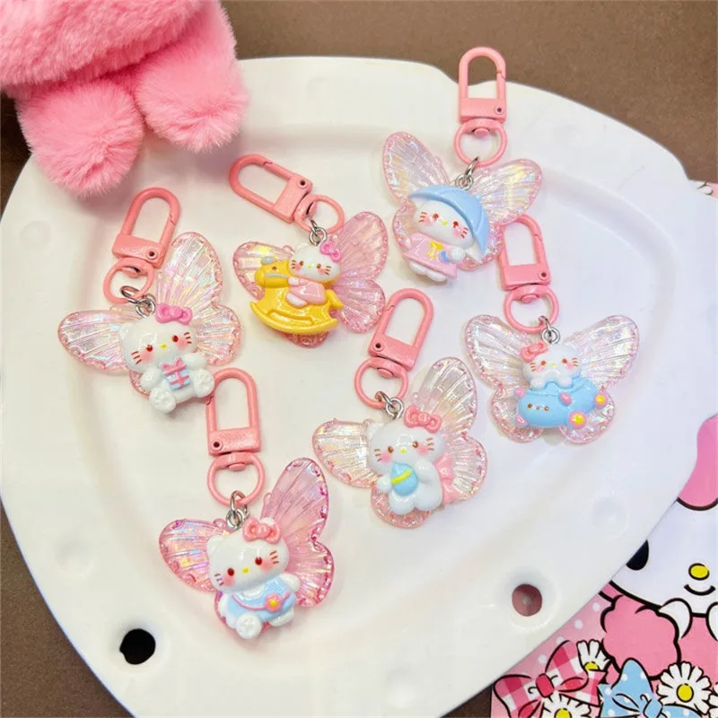 

Kawaii Hello Kitty Keychain Cute Cartoon Pink Shiny Butterfly Accessories Travel Women Supplies Girl Student Gift Wholesale