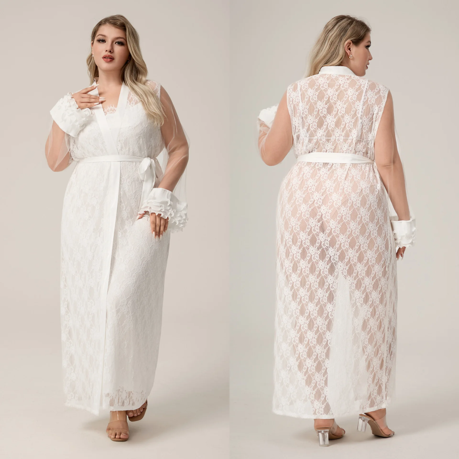 

Женский белый шифоновый длинный халат размера плюс 3XL, 4XL, 5XL, кимоно, кружевной халат, летняя сетчатая одежда для сна, домашняя одежда