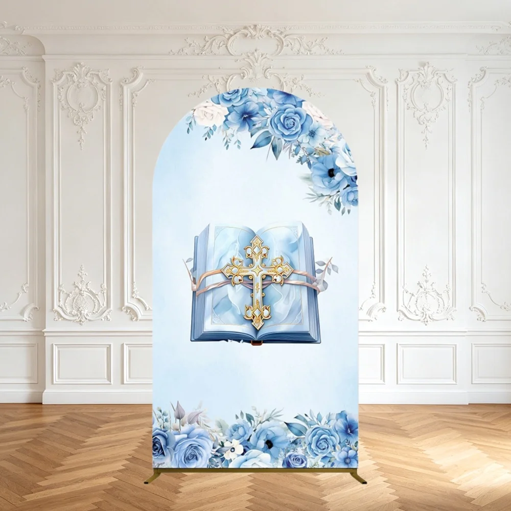 First Communion Blue Arch Backdrop Cover Cross God Bless Prayer Holy Grail Baptism Baby Shower Arched Background Wall Decoration