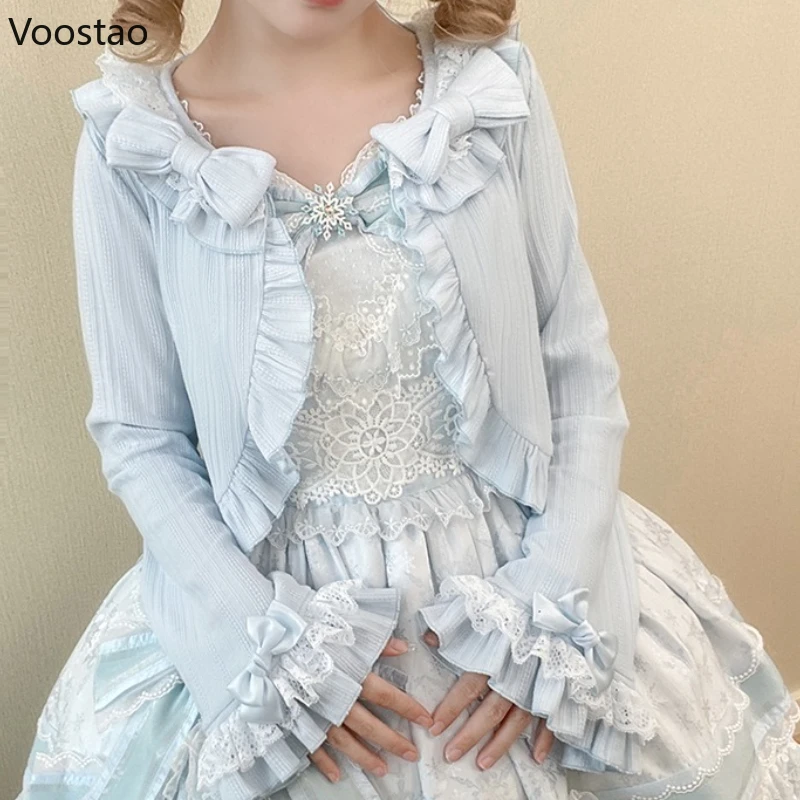 Japanse Kawaii Lolita Stijl Gebreid Vest Vrouwen Zoete Boog Ruches Kant Patchwork O-hals Trui Jas Casual Elegante Leuke Top