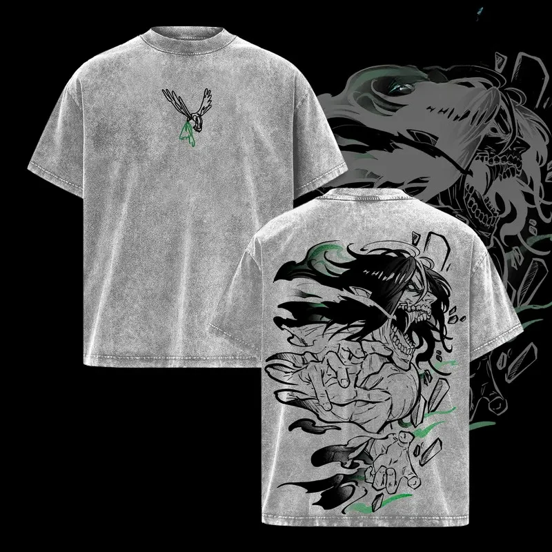 Эрен-Йегер-Атака-Титанов-Аниме-Одежда-Мужчины-Женщины-Футболки-большого-размера-Ретро-стираная-футболка-Повседневная-хлопковая-футболка-Топы-в-стиле-Харадзюку