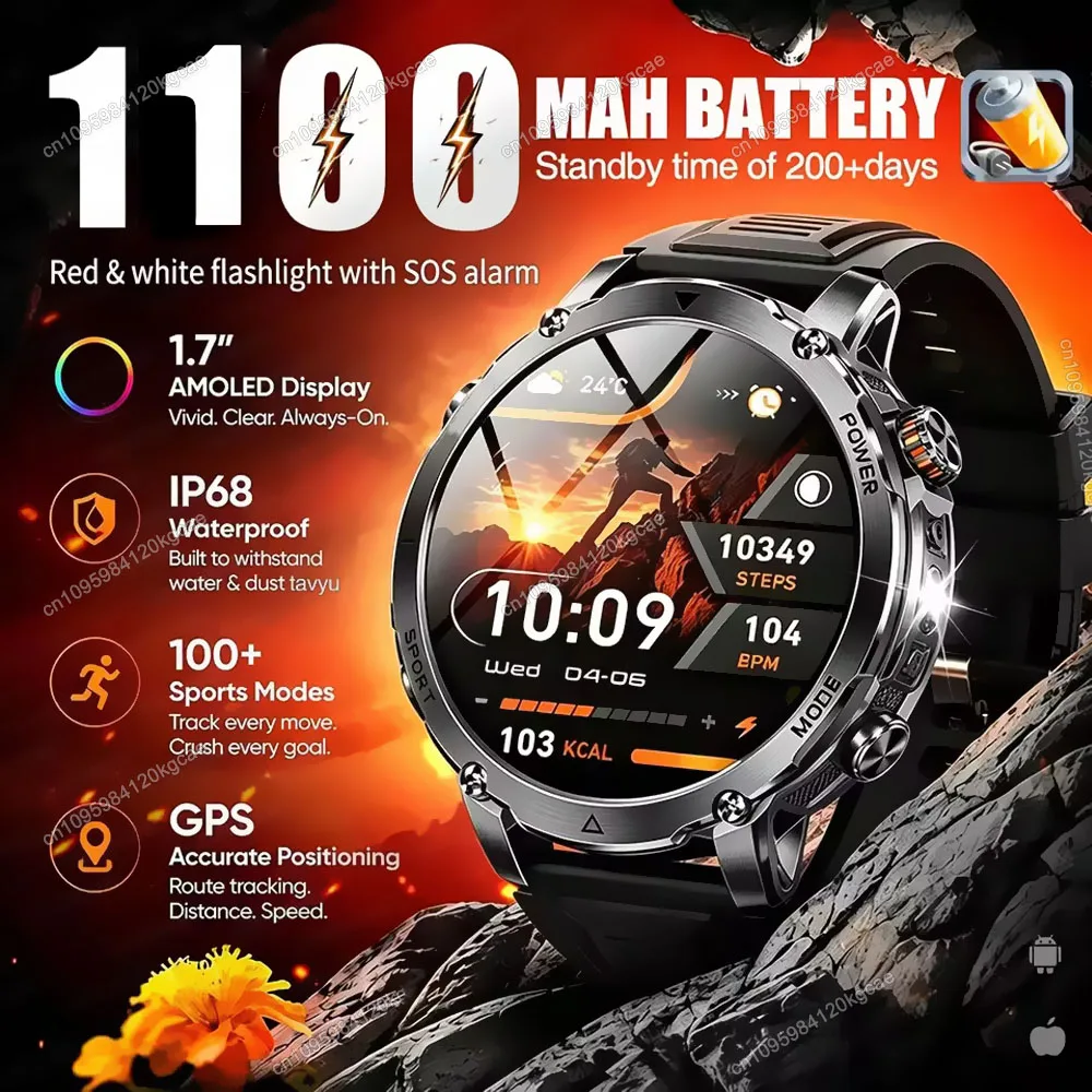 New 1100mAh Big Battery Smart Watch Men Outdoor GPS Flashlight IP68 Waterproof BluetoothCall AMOLED Ruggary Sport Smartwatch H10