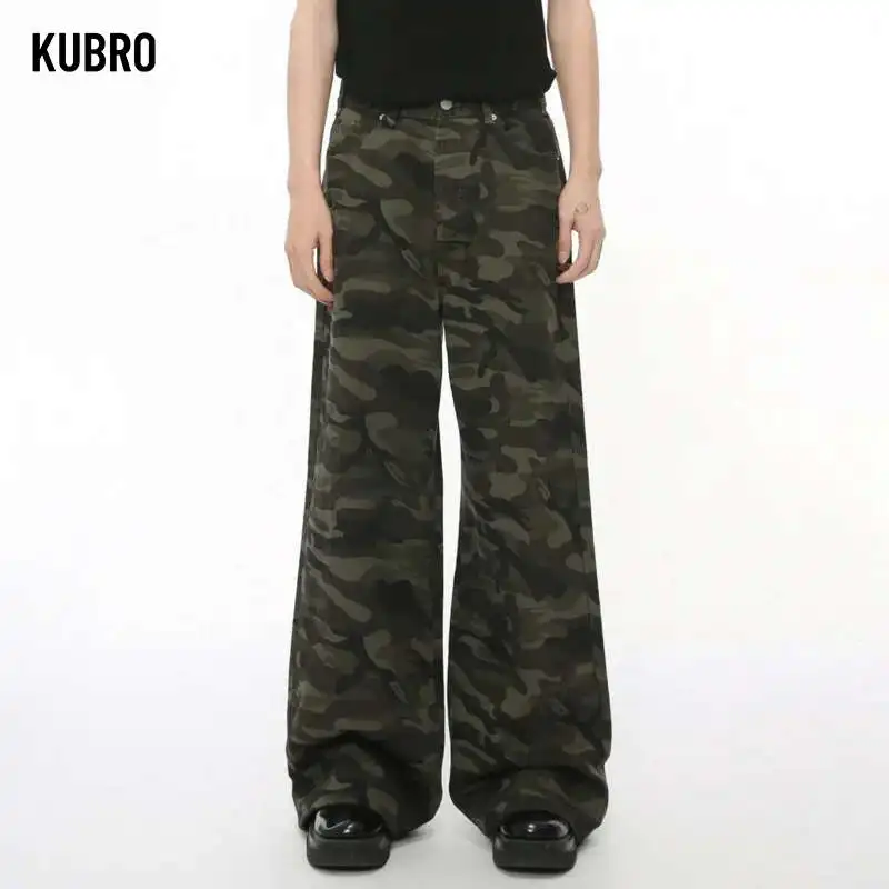 KUBRO Good Quality Vintage Camouflage Men's Jeans Fashion Washed Casual Wide Leg Denim Pants Autumn Winter Loose Male Trousers