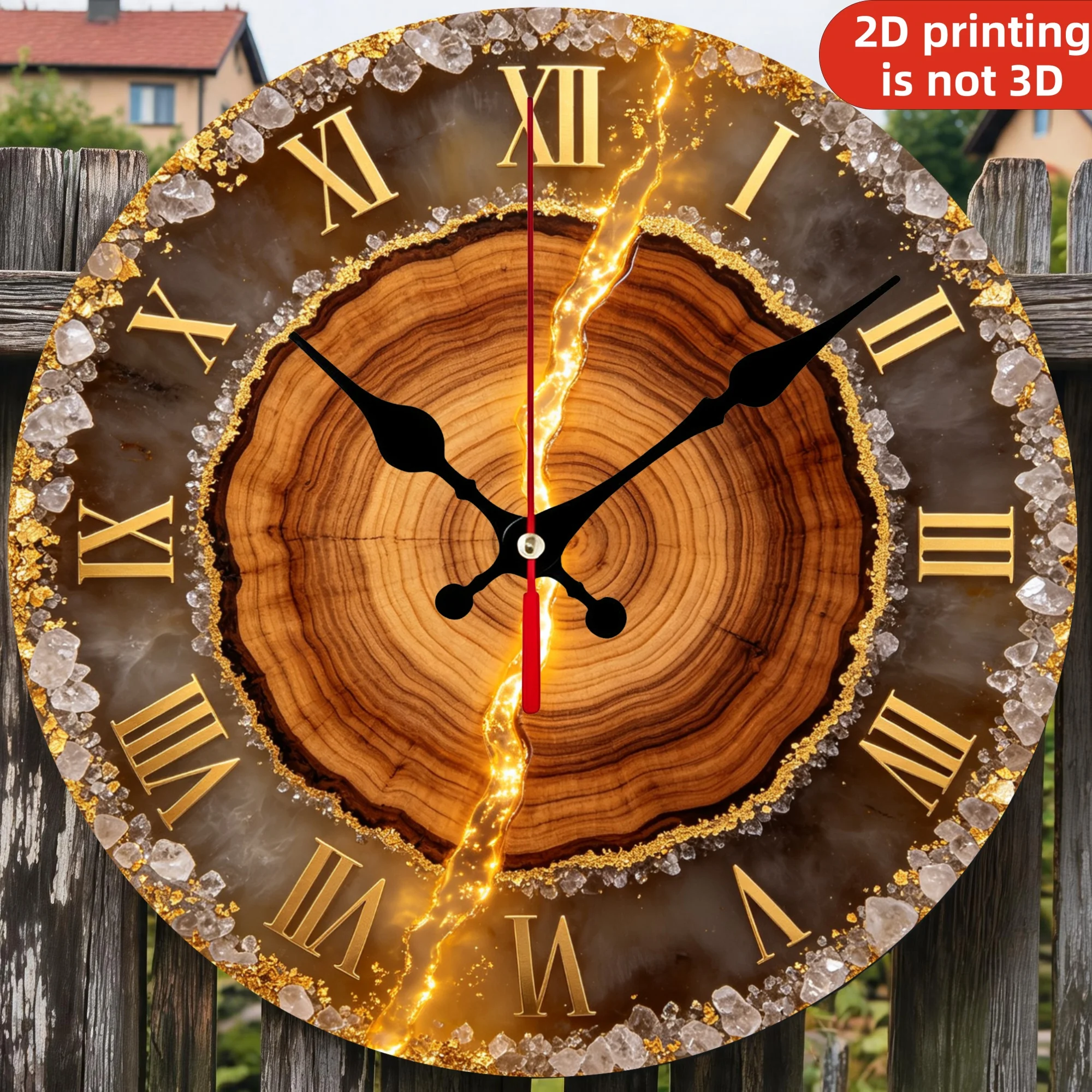 Rustic Wood Ring Gold Geode Wooden Wall Clock, 10/12 Inch Round Wood Clock, Silent Non Ticking Quartz Movement, Amber Crystal Crack Printed Home Decor
