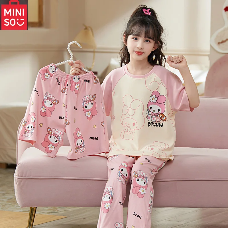 

3Pcs Melody Children Pajamas Set Cute Sanrio Anime Kuromi Sleepwear Cartoon Pajamas Short Sleeve Shorts Kawaii Casual Homewear