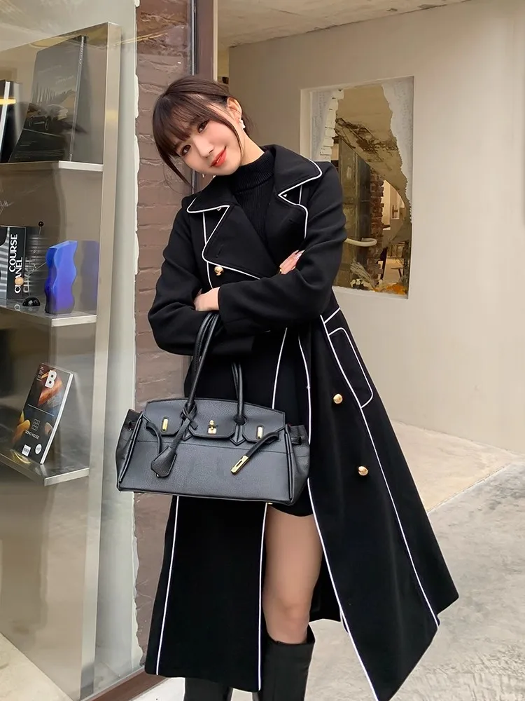 

Черное шерстяное пальто женское высококачественное двубортное пальто средней длины осень/зима тонкое шерстяное пальто в британском стиле с большими лацканами