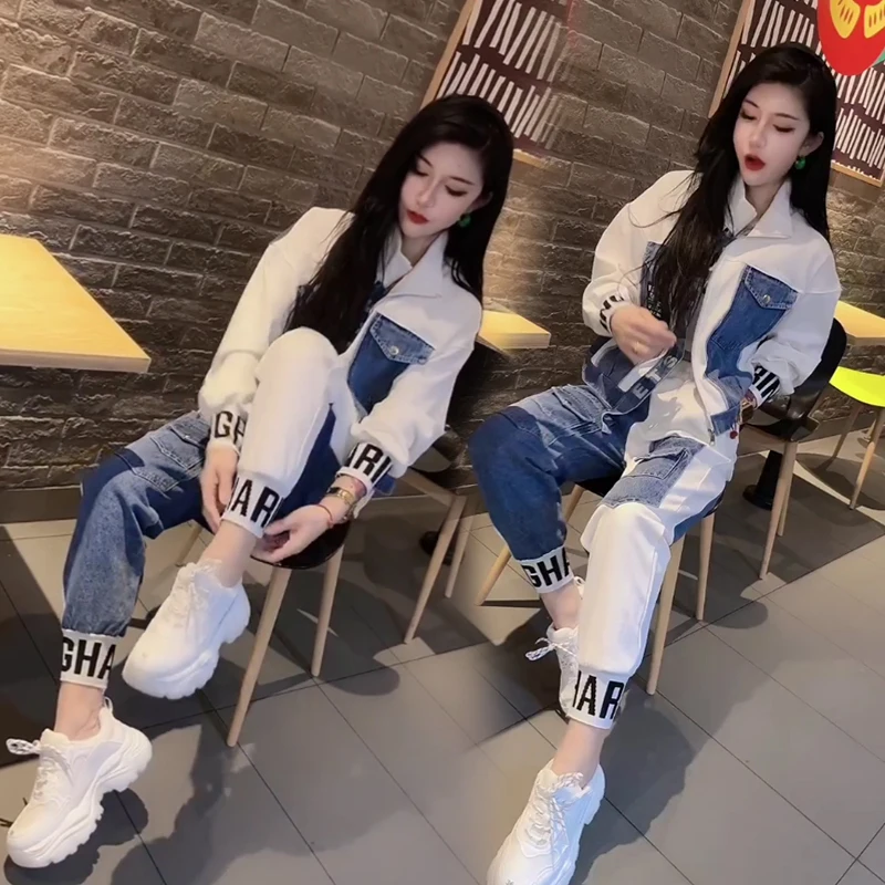 European style fashion denim splicing Jacket And Pants set for women's autumn new style Korean version casual slim two-piece set