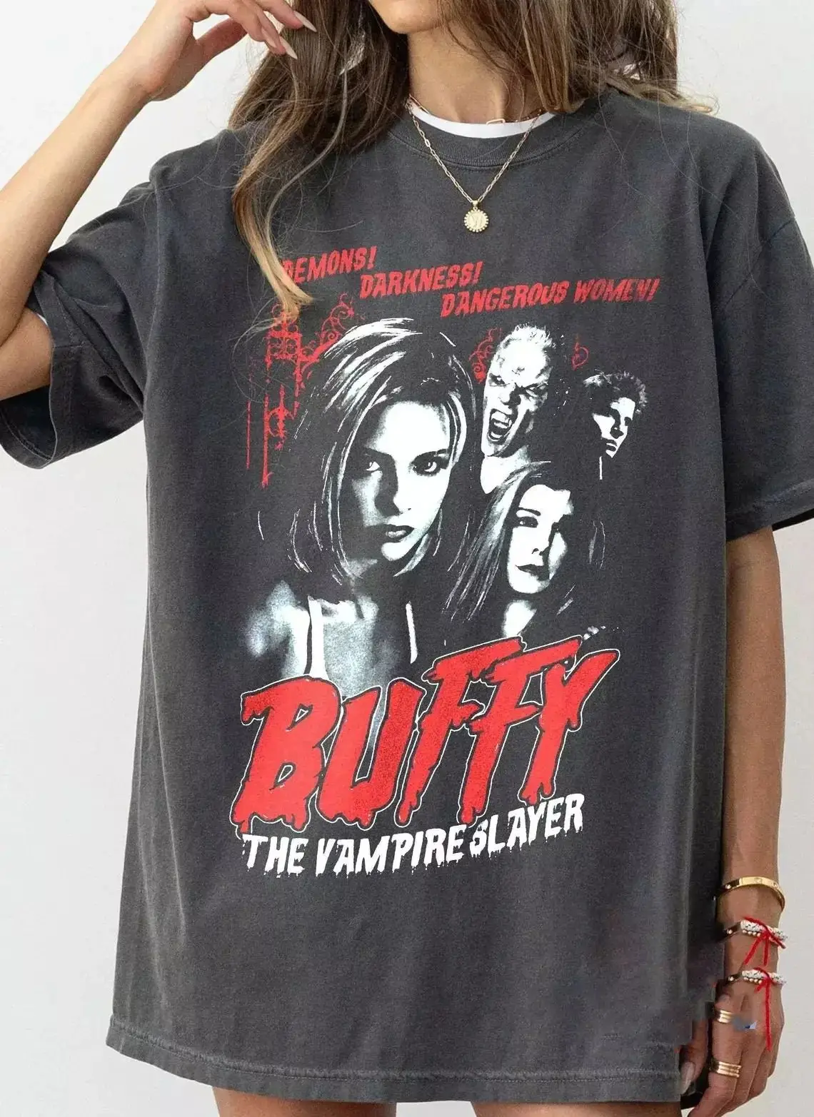 Horror Movie Tee Vintage Buffy The Vampire Slayer T-shirt Print Cotton Tops Summer Casual Loose Crew Neck Cotton Tees Unisex