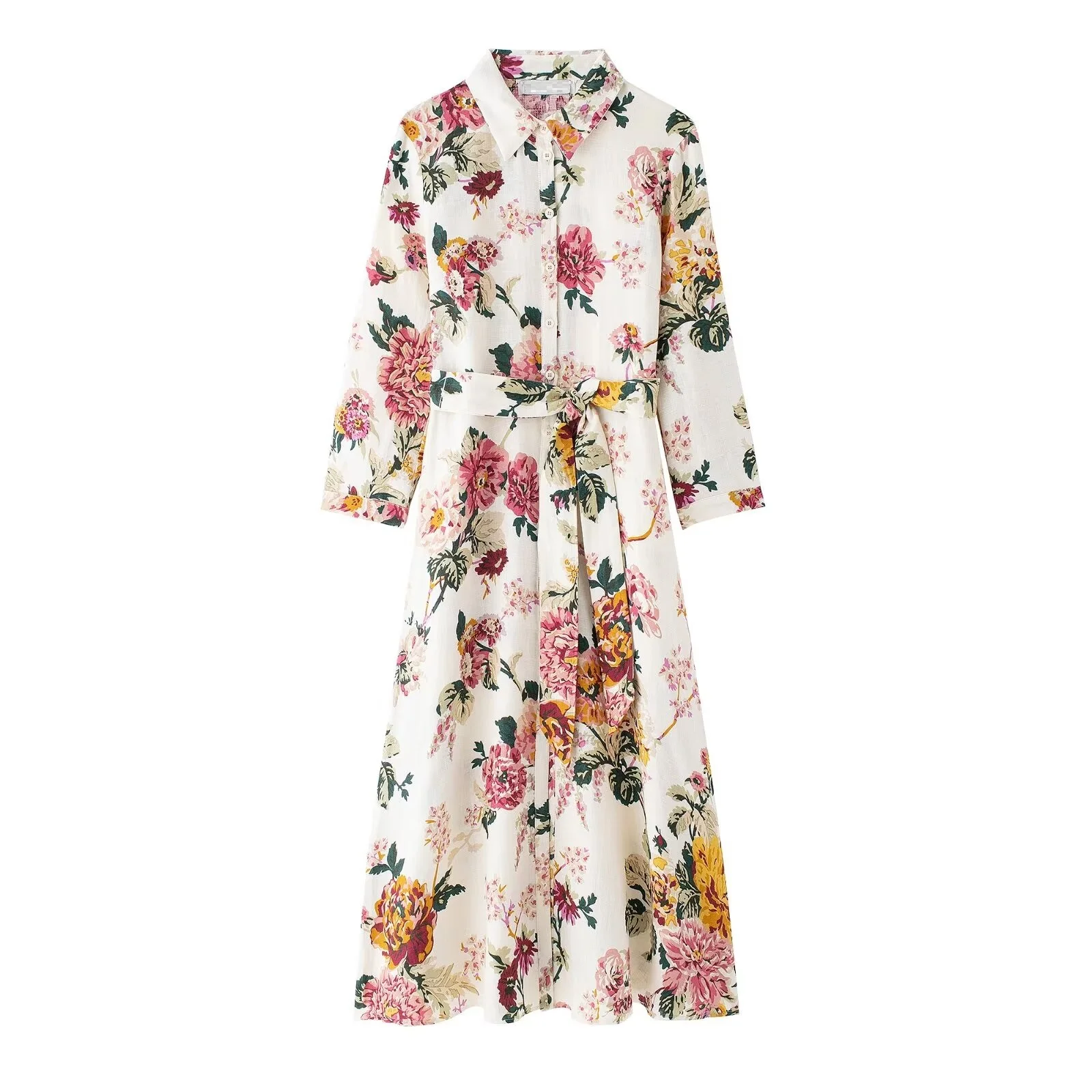 Tangada 2024 Women Flower Print Shirt Dress Long Sleeve With Slash Female Midi Dress BE0123