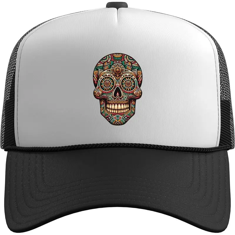 Vibrant Aztec Skull Cultural Heritage Azteca Indigenous Art Trucker Hat with Adjustable Mesh Back