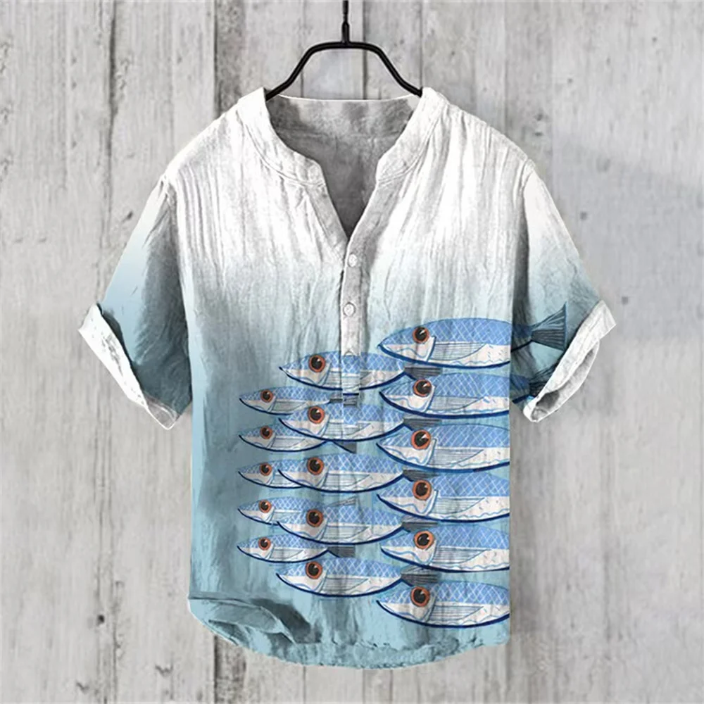 Men's V-neck linen short-sleeved shirt new summer comfortable and refreshing button carp tops come in 10 different styles