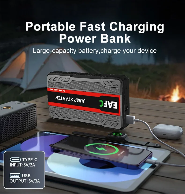EAFC 600A Spitzenstrom 12V Auto-Starthilfegerät, tragbares Auto-Batterie-Starthilfegerät mit LED-Notlicht und USB-Powerbank für 3,0-Liter-Benzinfahrzeuge, Motorräder, SUVs, Pickups. – Detail 8