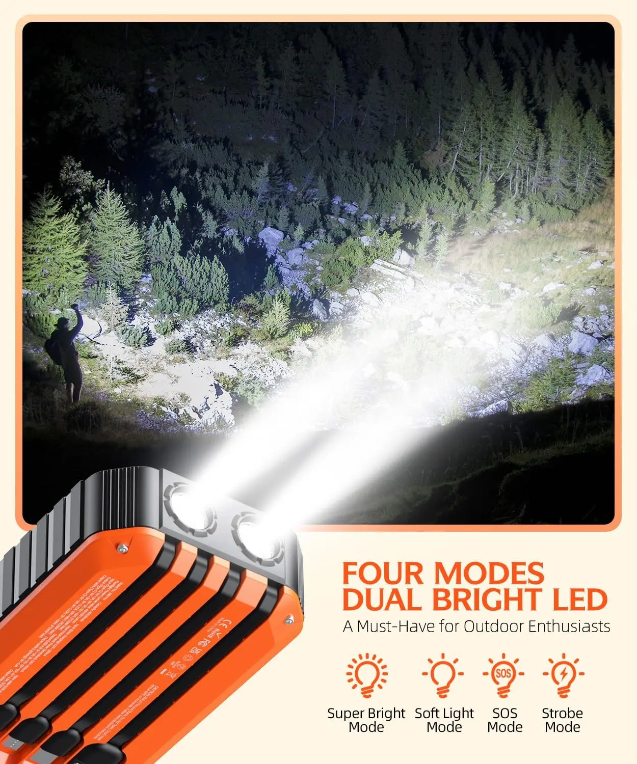 شاحن بالطاقة الشمسية باور بانك 40000 مللي أمبير مدمج في 4 كابلات وكرنك يدوي، شاحن محمول 6 مخرجات و4 مدخلات حزمة بطارية خارجية #5