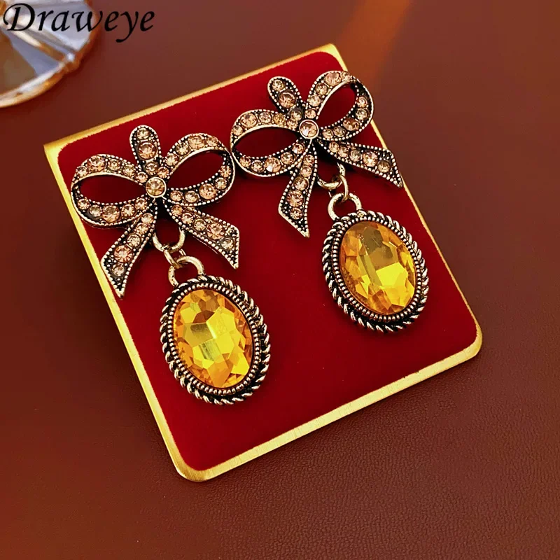 Draweye Rhinestones Bows Earrings for Women Medieval Palaces Style Elegant Jewelry Fashion Vintage Sweet Aretes De Mujer