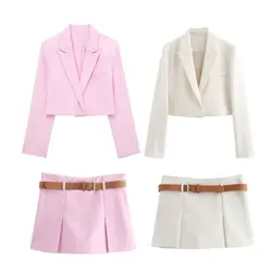 2024 ZAR4 Summer New Women's Fashion and Stylish Short Suit Coat with Belt and Trouser Skirt Set