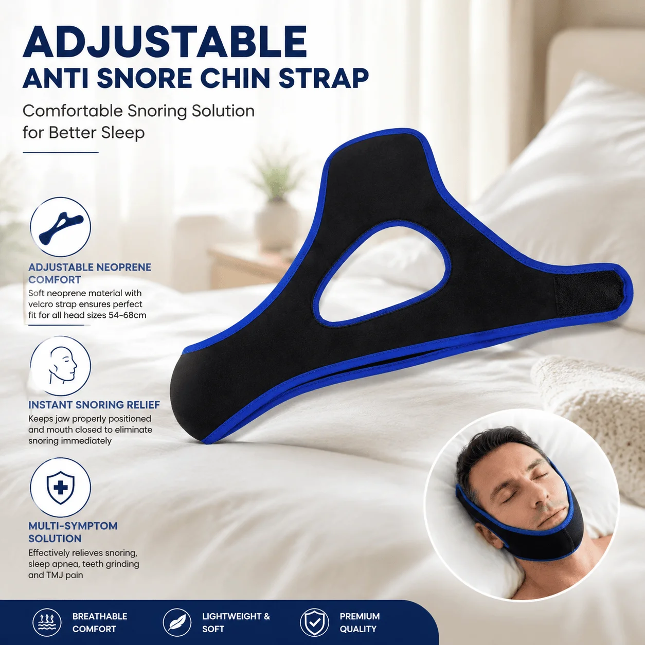 Anti Snore Chin Strap Snoring Solution Sleep Apnea Relief Jaw Support Strap Anti Grinding Device Neoprene Adjustable Unisex