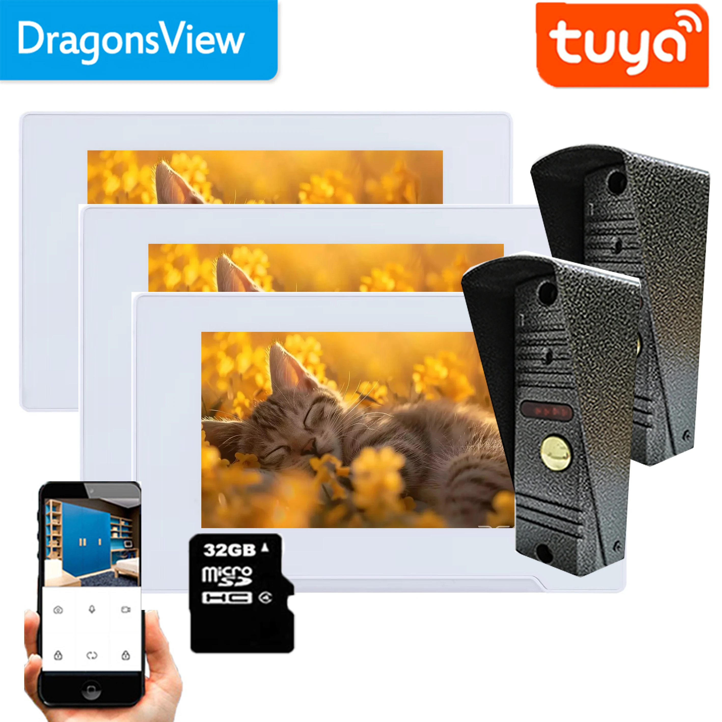 Dragonsview  7 Inch 1080p Video Intercom Tuya Smart Video Door Phone Multiple System Record Monitor White Call Transfer Unlock